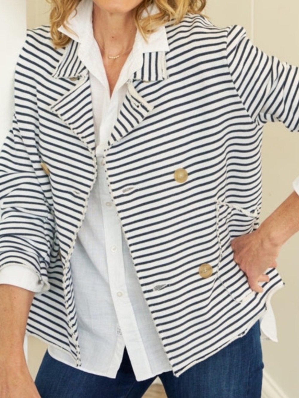 FRANK & EILEEN Mini Belfast Crop Peacoat Navy French Stripe Size XS